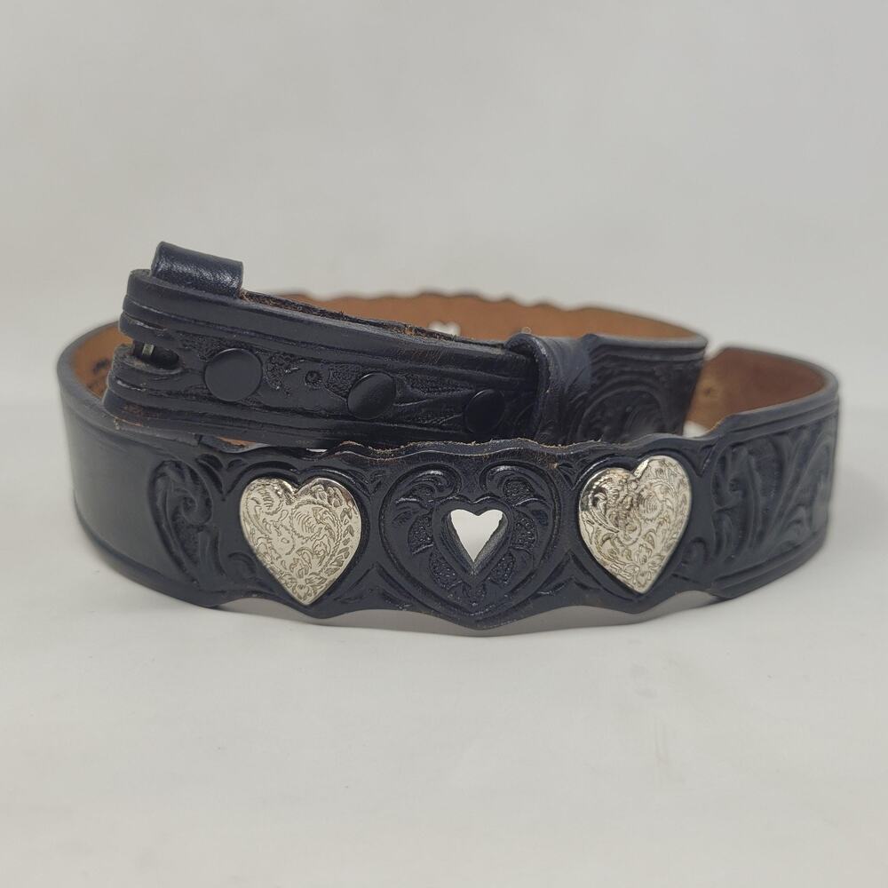 Silver‎ Creek Belt Womens 30 Black Leather Western Heart Tooled Cowgirl Boho USA